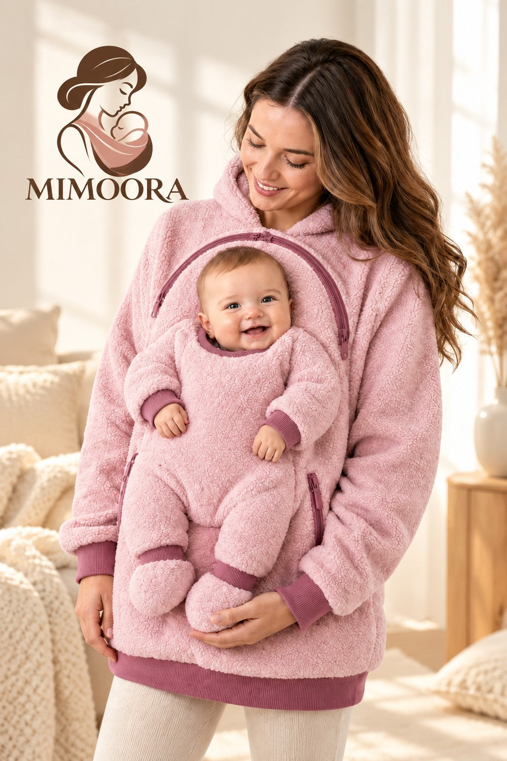MIMOORA baby carrier hoodie in Blush with baby in the front pocket