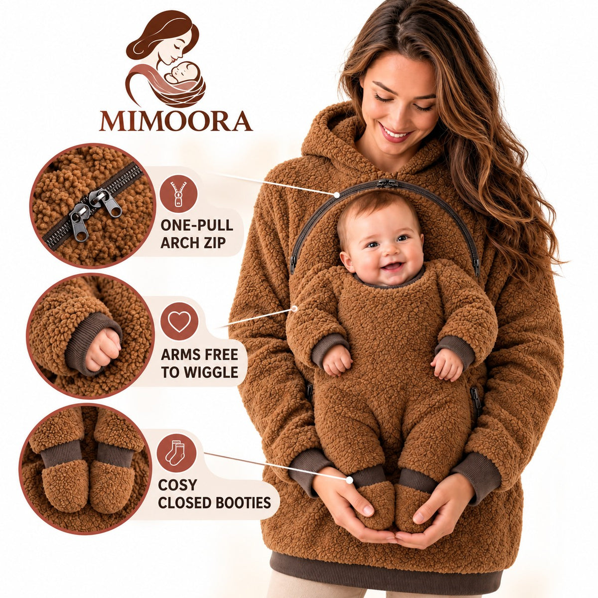 MIMOORA hoodie in Cocoa – arch zip, baby sleeves and closed booties