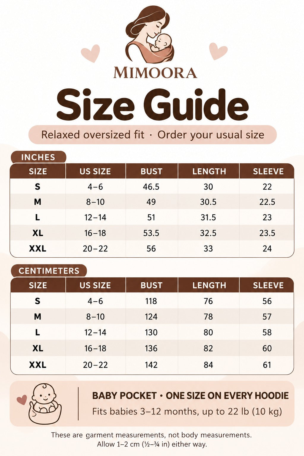 MIMOORA hoodie size guide S to XXL