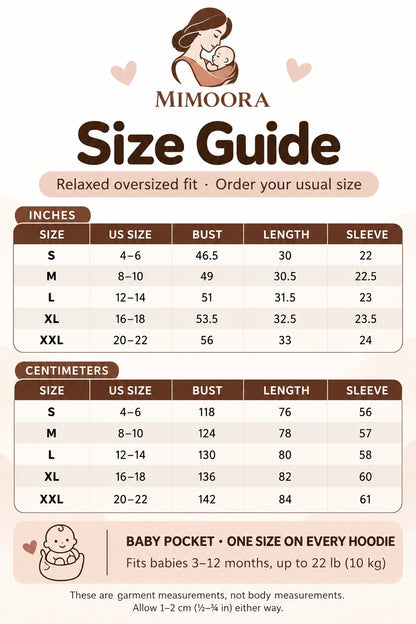 MIMOORA hoodie size guide S to XXL