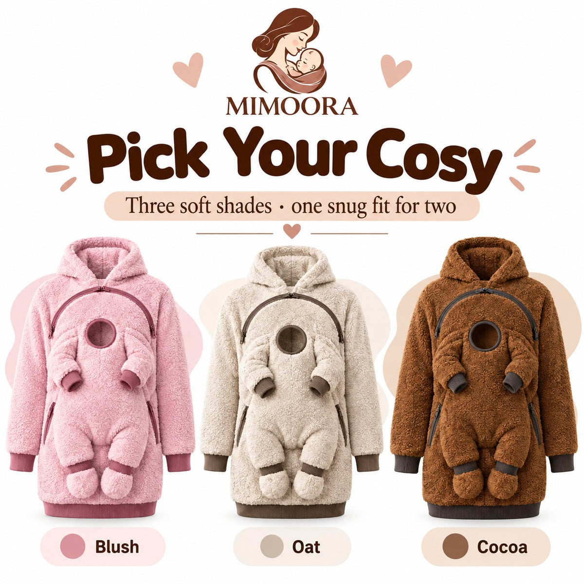 MIMOORA hoodie colours: Blush, Oat and Cocoa